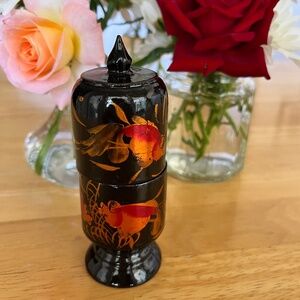 Vintage 2-Piece Goldfish Black Lacquered Wood Toothpick or Match Holder